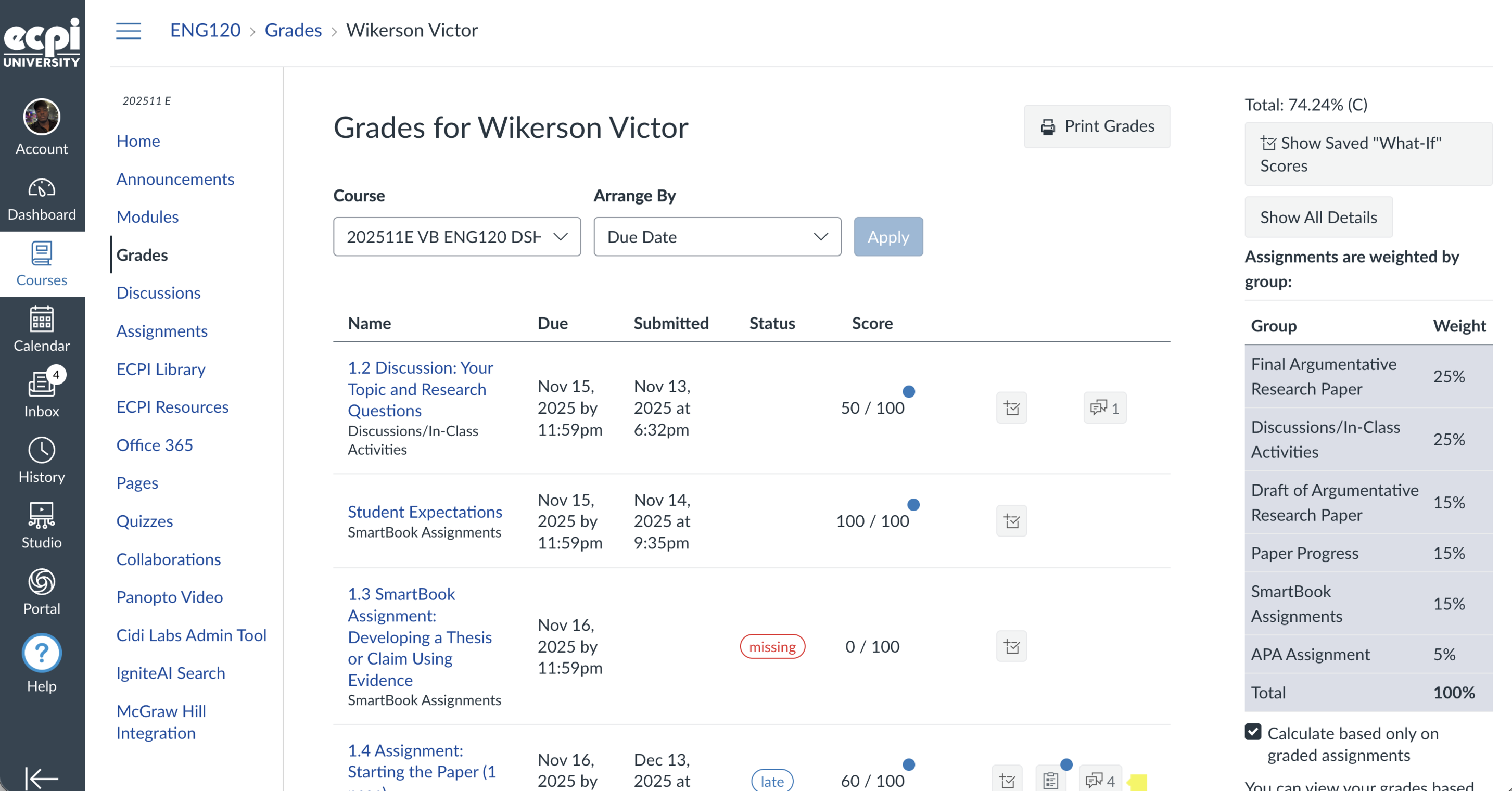 Canvas Grades 74.24%
